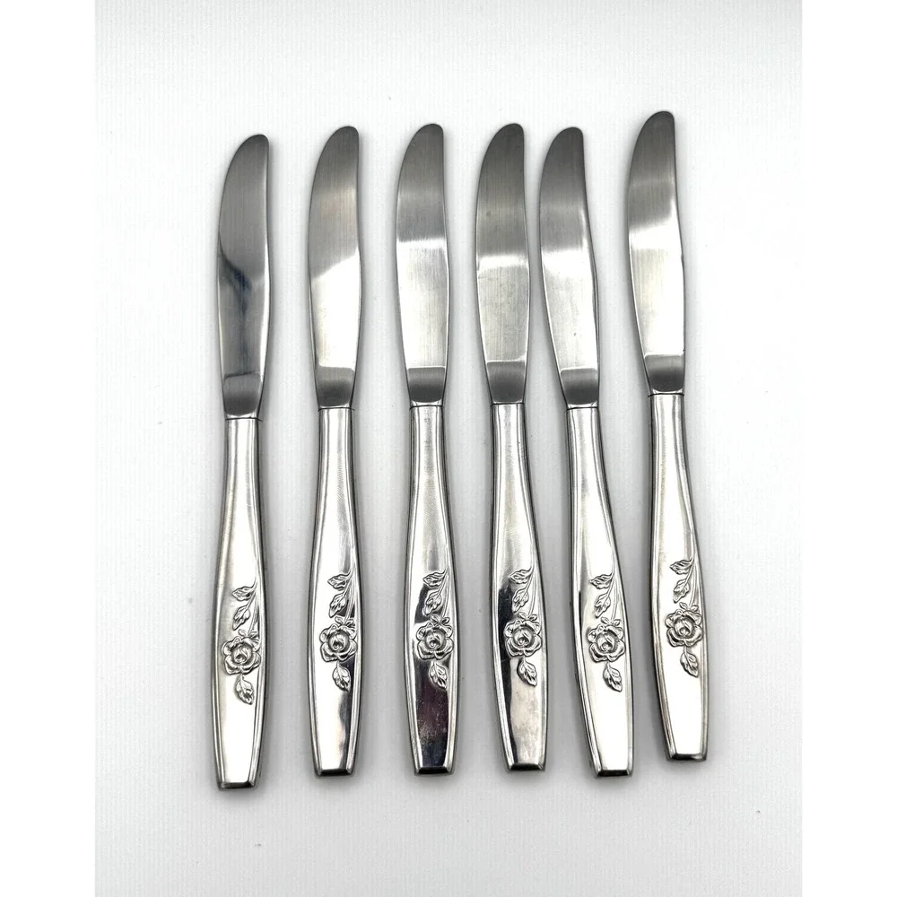 Lot of 6 Vintage Oneida Lasting Rose Stainless Steel Dinner Knives 8.5